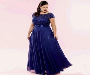 Charming Navy Lace Plus Size Prom Dresses Sheer Bateau Neck Beaded Evening Gowns Sleeves ALine Floor Length Chiffon Formal Dress8490443