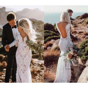 Full Open Back Mermaid Wedding Dresses Lace Long Sleeves Beach Garden Country Church Bride Bridal Gown Custom Made Illustion V Neck 0510