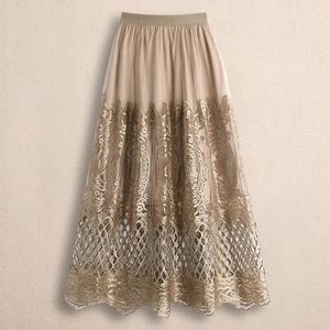 Tigena Crochet Lace Tulle Midi Long Skirt for Women Vintage Elegant Hollow A Line High Waist Mid-Length Skirt Memale 240423