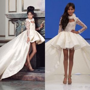Isabella Dantel Uzun Kollu Çiçek Kız Elbiseler 2016 Yüksek Düşük Vintage Çocuk Pageant Elbiseleri Kutsal Cemaat Çiçek Kız Gelinlik 286Q