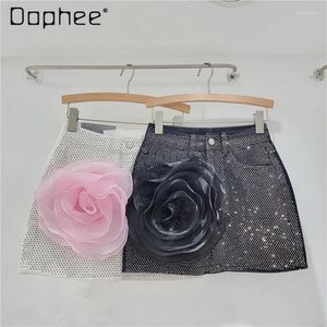 Gonne gonna nera Donne 3d Flower Mini Denim 2024 Summer Fashion Rhinestone High Waist A Line Slimming Hip Female