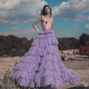 Casual Dresses Sexy Tiered Ruffle Tulle Dress 2024 Women Deep V-Neck Backless Long With Train Evening Prom Grown Custom Made