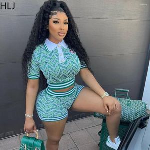 Women's Tracksuits HLJ Blue Summer Printing Shorts Two Piece Sets Women Polo Nack Crop Top And Outfits Fashion Y2K Matching 2pcs Streetwear