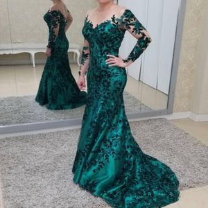 2019 Dark Green Long Mother of the Bride Dress Lace Sheer ärmar Fest aftonklänningar Formella gästklänningar Mermaid Prom Dresses 255o