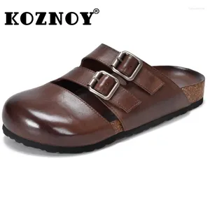 Sapatos casuais koznoy 3cm feminino planos de vaca de couro genuíno redondo dedo oco com os chinelos de verão mocassins confortáveis