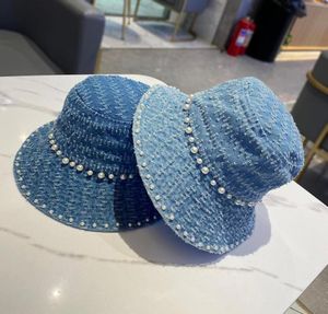 Denim Blue Wild Pearl Bucket Hat Lady Sun With Pearls Fisherman for Women Kol Wide Brim Hats8753974