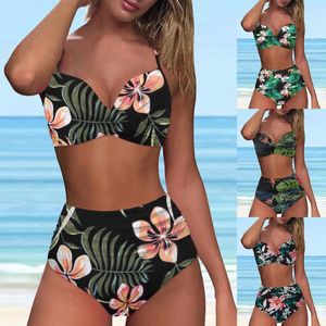 Frauen Badebekleidung Hawaii Bikini Set für Frauen Retro Blumendruck Badeanzug Dehnsamer Liegestütze Badeanzug Rüschen Schnell trocknende Strandbekleidung