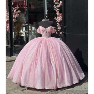 Glitzer rosa Quinceanera Kleider süße 16 Kleidungskügelchen Perlen Kristall Strasssteine 16. Mädchen Geburtstagsfeierkleider Vestido de 15