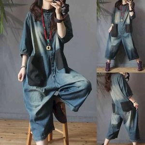 Kobiety Jumpsuits Rompers Rompers Dżins szeroką nogę Kabs Kobiety Nowy vintage duży rozmiar duży rozmiar Kieszonkowy Trend kombinezkowy luz One Piece Strout Kobiet Patchwork Y240510