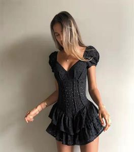 2022 Fashion V Neck Ruffles Pleated Dress Women Puff Sleeve Chic Black Summer Dress Party Hollow Out Vintage Corset Ladies2269120