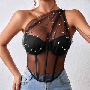 Frauen Tanks Perle One Schulter Korsett Mode sexy bustier camisole sommer slim fit durch durch Tanktops Rücken Reißverschluss jugendliche Frau