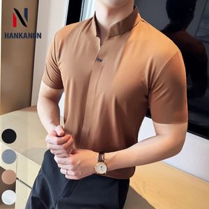 Mens High Elastic V-Neck Polo Shirt Thin Short Sleeve T-Shirt Business Casual Mens Top 2024 High Quality M-4XL. 240510