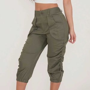 Женские брюки Capris Женщины свободные грузовые брюки капри бумажные пакет с высокой талией с карандашом.