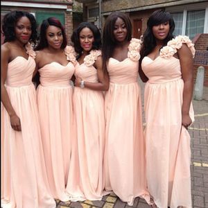 섹시한 복숭아 원 어깨 신부 들러리 드레스 긴 쉬폰 아프리카 플러스 사이즈 신부 들러리 드레스 2017 겸손한 저렴한 신부 들러리 드레스 293V.