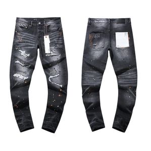 Män jeans män tryck mode kontrast färg skarvade stretch denim byxor målade smala raka byxor svart