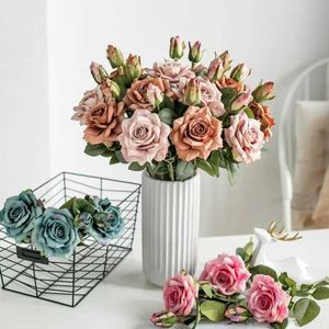 Dekorative Blumen Kränze künstliche Blumen Big Seidenrosa Rosen Neue schöne Zweigvasen für Dekoration Home Hochzeit Retro Herbst gefälschte Pflanzen Weihnachten