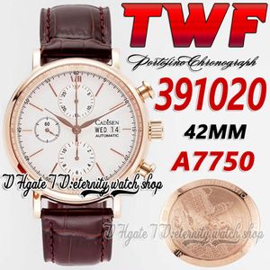 TWF 42mm Mens relógio TW391020 CAL 79320 A7750 CRONOGRAGO AUTROMÁTICO DIAL BRANCO marcadores 18K Caixa de ouro rosa Strap Super Edit 328R