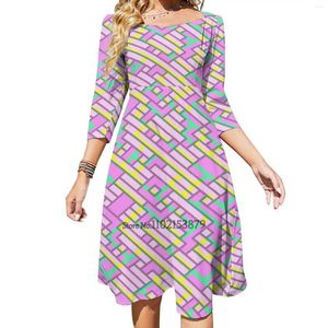 Casual Dresses Geometric Lanes ( Glam Pink / Yellow Teal ) Back Lacing Backless Dress Square Neck Fashion Printed 6Xl Pattern