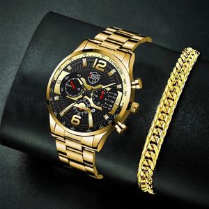 腕時計ファッションメンズビジネスウォッチカレンダーデート豪華な雄のステンレス鋼アナログクォーツ手首ゴールドブレスレット224N