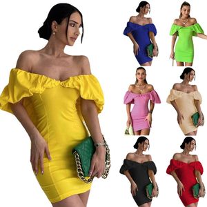 Spring European and American casual vacation style waist-cinching slimming design with pleats off the shoulder bodycon dress AST89137
