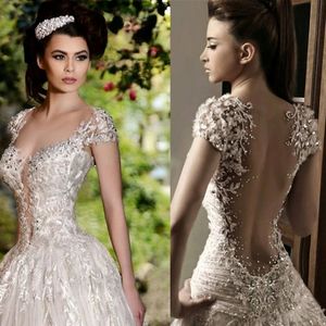 Rami Salamoun Glamorous RhinestoneS Lace Applique Beads Crystals Flowers Wedding Dresses Cap Sleeves Floor Length Luxury Bridal Gown 246J