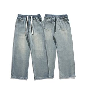 Mäns avslappnad stil denim jeans 2024 sommar ny ankomst tvättade sillben design mitt midja raka benbyxor twill lös elastisk midja avslappnad byxa daglig outfit