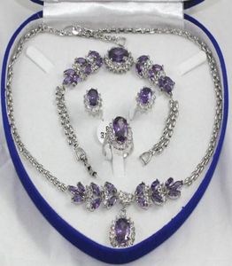 全体のかわいい紫色のクリスタルシルバーネックレスブレスレットイヤリングリングジェムストーンジュエリーセット1905865