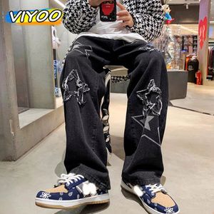 Vintage Womens Herren Koreanische Denimhose Y2K Cltohes Streetwear gedruckter Patchwork männliche Baggy Jeans Straighthose für Männer 240509