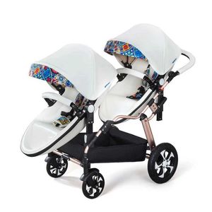 Barnvagnar# 2024New Luxury Twins Baby STROnarmaluminum Frame PU Leather Twin Prambaby kan sitta och liggande Double Baby Barnvagnsvagn T240509