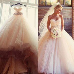 Charming Blush Pink Ball Gown Wedding Dresses Appliques Sash Beaded Flower Sweetheart Sleeveless Country Bridal Dress 283B
