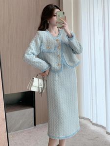 Work Dresses High Quality Tassel Tweed Two Piece Set Women Short Jacket Coat Bodycon Long Skirt Suits Korean Elegant Fashion OL Outfits