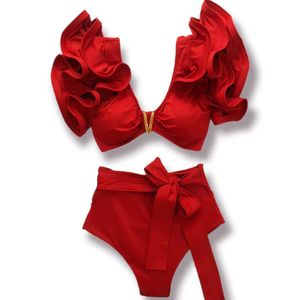 Swimwear da donna 2024 Nuovo set di bikini sexy sexy set bikini arruffato da bagno arruffato da bagno da bagno con nuoto a v-collo a v-collo da bagno da bagno in bikini j240510