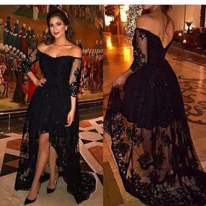 Arabski Dubaj Black Lace Prom z sukienek na ramionach Wysoki wieczór Formalne suknie przy imprezach plus size 2018 NOWOŚĆ 0510