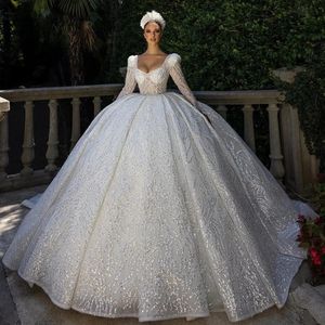 2024 Sparkly Ball Gown Arabic Dubai Wedding Dresses Scoop Long Illusion Sleeves Beads Sequins Bride Formal Gowns Vestidos De Novia Customed