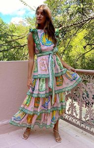 Sukienka designerska 2024 Nowy kolorowy nadruk porcelanowy wakacyjny koronkowy sukienka do ciasta w talii