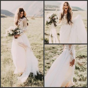 2020 Nya eleganta vintage Secret Country Style spets bröllopsklänningar med långa ärmar baksida blixtlås blygsamma sveptåg brudklänningar 343 2579