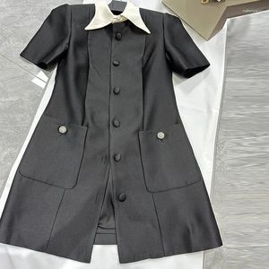 Casual Dresses Women's Wool Blend Black A-Line Elegant Rhinestone Buttons Short Sleeve Lapel Mini Dress 2024Fashion Y2K Clothes Vestido