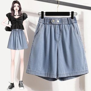 Women's Shorts Double Buttons Summer Jeans Women Ice Silky Femme Thin Casual Cool Wide Leg Denim Pants Mujer Blue Street Wear