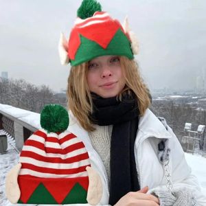 Berets Fashion Winter Christmas Hat Warm Elf High-end Knitted Hats Adult Red And Green Striped Hairball Skull Beanie