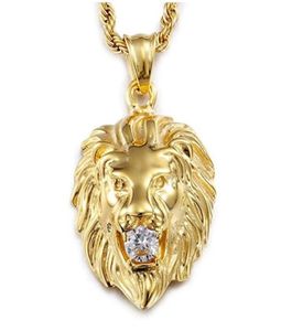 Guld Mens Necklace Lion Pendant Halsband Rostfritt stål Glänsande CZ -diamanter levereras med repkedja 22 Inch5500449