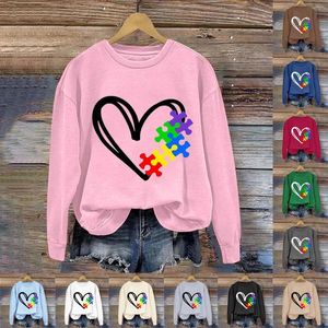 Women's Hoodies Fashionable Round Neck Casual Love Puzzle Print Long Sleeved Top Sweatshirt Decorative Women Outfits