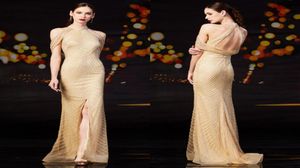 High Neck Front Slit Champagne Evening Dresses Robe Longue Luxury Crystal Sexy Mermaid Prom Dresses7405538
