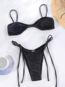 Women's Swimwear Striped black shiny swimsuit with tie 2024 bikini sexy swimsuit womens swimsuit Brazilian bikini solid color beach suit J240510