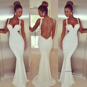 New Arrival Fashion Sexy Prom Party Dresses Open Back Sweetheart White Sequined Long Evening Gowns Cutaway Sides Spaghetti Mermaid Ocn 0510