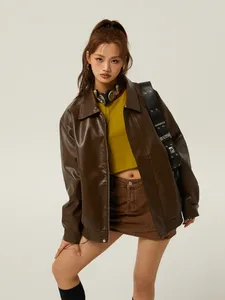 Women's Jackets Coat Brown Leather Polo Collar Basic Three-Color Autumn American Retro Casual Loose Jacket Fashion Trendy Winter