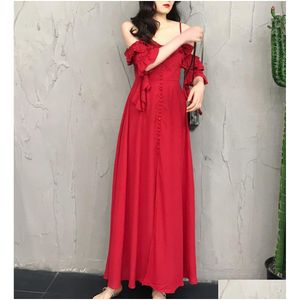 Abiti casual di base A Line y Summer Beach Red Chiffon Dress Bruffles Cold Ruffles Divid Maxi White Women Feste