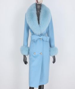BluenessFair Cashmere Wool Blandar riktig päls med dubbelbröst vinterjacka kvinnor stor naturlig räv päls krage ytterkläder 2011022018840