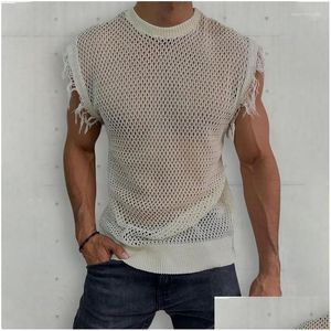 Mens Sweaters Sleeveless Sweater 2023 Summer Crewneck Hollow-Out Casual Plus-Size Knitted Top Drop Delivery Apparel Clothing Dhfvh
