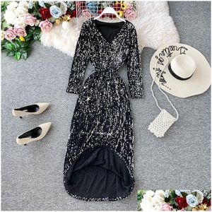 Basic Casual Dresses Womens Party Dress Long-Sleeved New Sequin Temperament Banquet Host Elegant V-Neck Waist Lacing Y 2022 Drop Deliv Dhylv