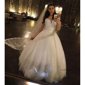 Sparkly Ball Hown Свадебное белое принцесса кружевные блески аппликации свадебных платье